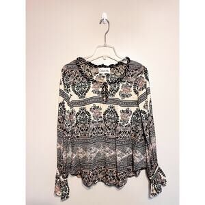 Cleobella Black Floral Ruffle Neck Tie Flared Sleeve Shirt Top Size XS